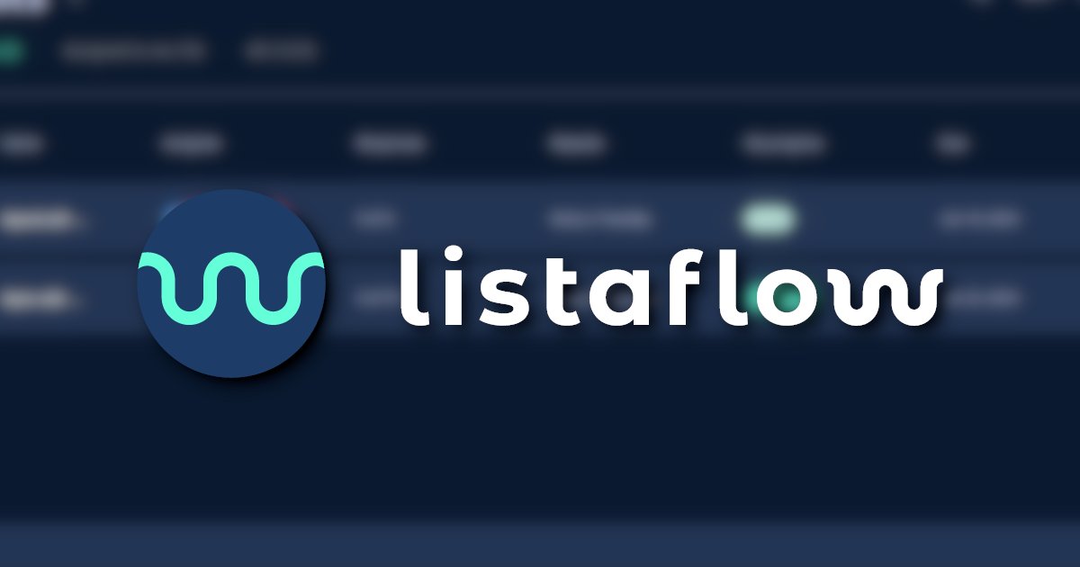 An image of the Listaflow logo with a blurred screenshot of the application behind it.